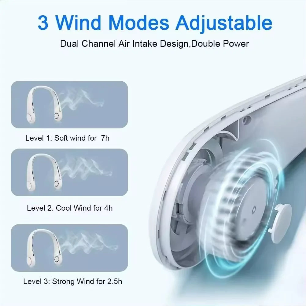 Portable Bladeless Neck Fan 3 Speed Adjustable Rechargeable Air Cooler Mini Hanging Neck Fan Long Battery Life for Summer Outdoo