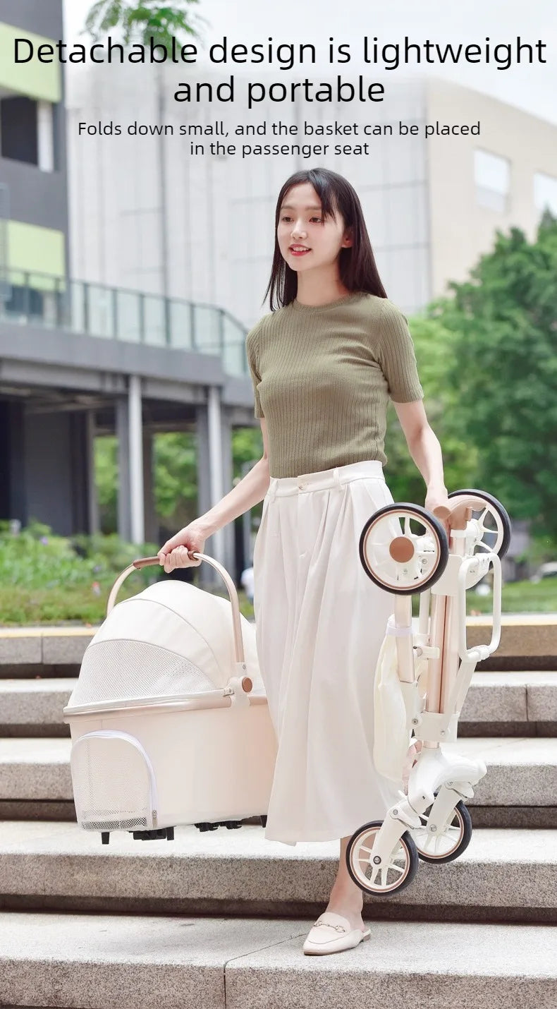 Foldable Dog Stroller Milk White PU Waterproof High Landscape Pet Stroller Outdoor Travel Pet Trolley Bearing Weight 15 KG