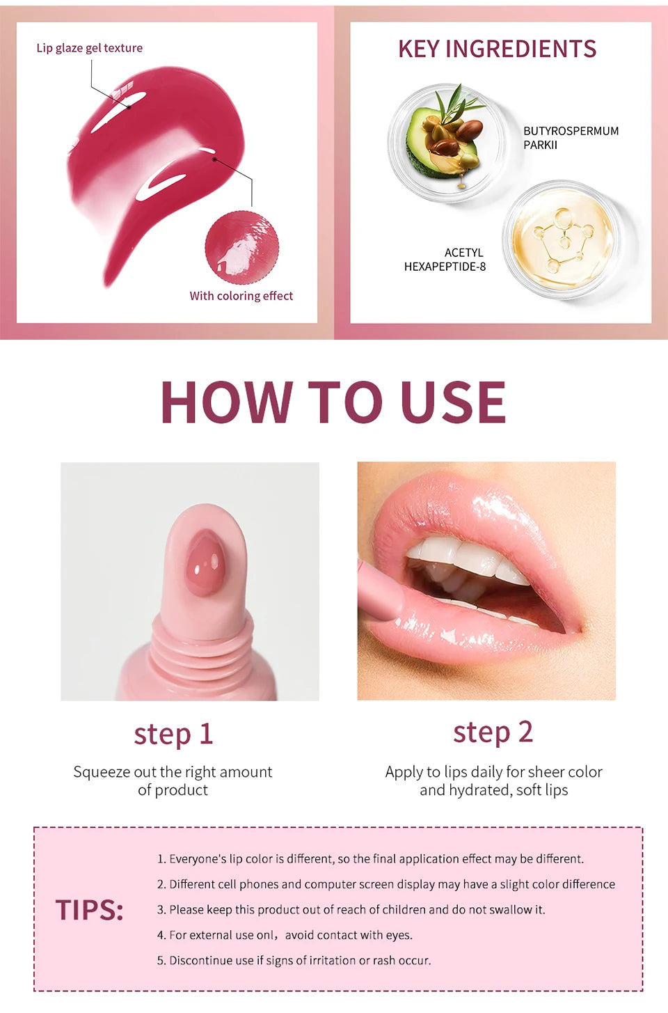 4pcs /set Moisturizing Lip Glaze Mirror Glass Long Lasting Lip Gloss Liquid Lipstick Makeup Glossy Lip Care Cosmetic