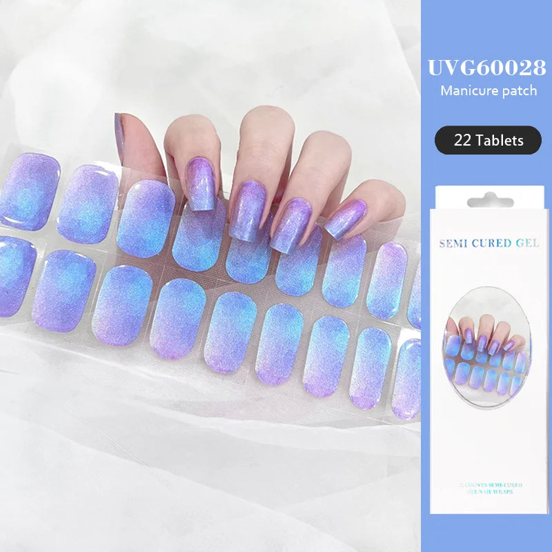 16/22 Tips Semi Cured Gel Nail Stickers for UV Lamp Designer Adhesive Nail Gel Wraps DIY Long-lasting  Nail Decoration