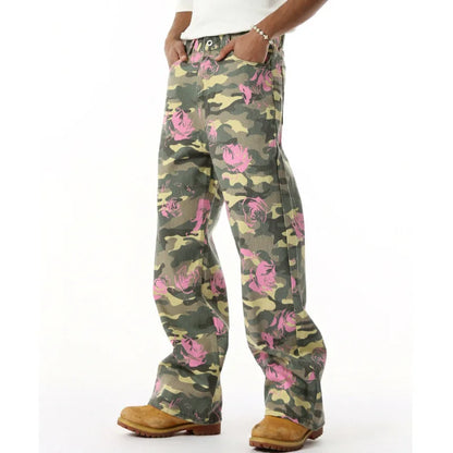 2025 Four Seasons Men's Youth Popular Multi color Pattern Camouflage Pants Basic Versatile Straight Wash Casual Cowboy Pants