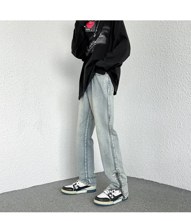 2024 Spring Autumn Korean Men Fashionable Retro Street Jeans Zip Design on Trouser Legs Straight-leg Denim Pants Men's Clothing