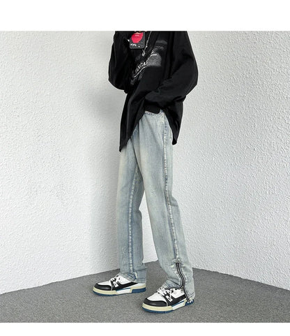 2024 Spring Autumn Korean Men Fashionable Retro Street Jeans Zip Design on Trouser Legs Straight-leg Denim Pants Men's Clothing