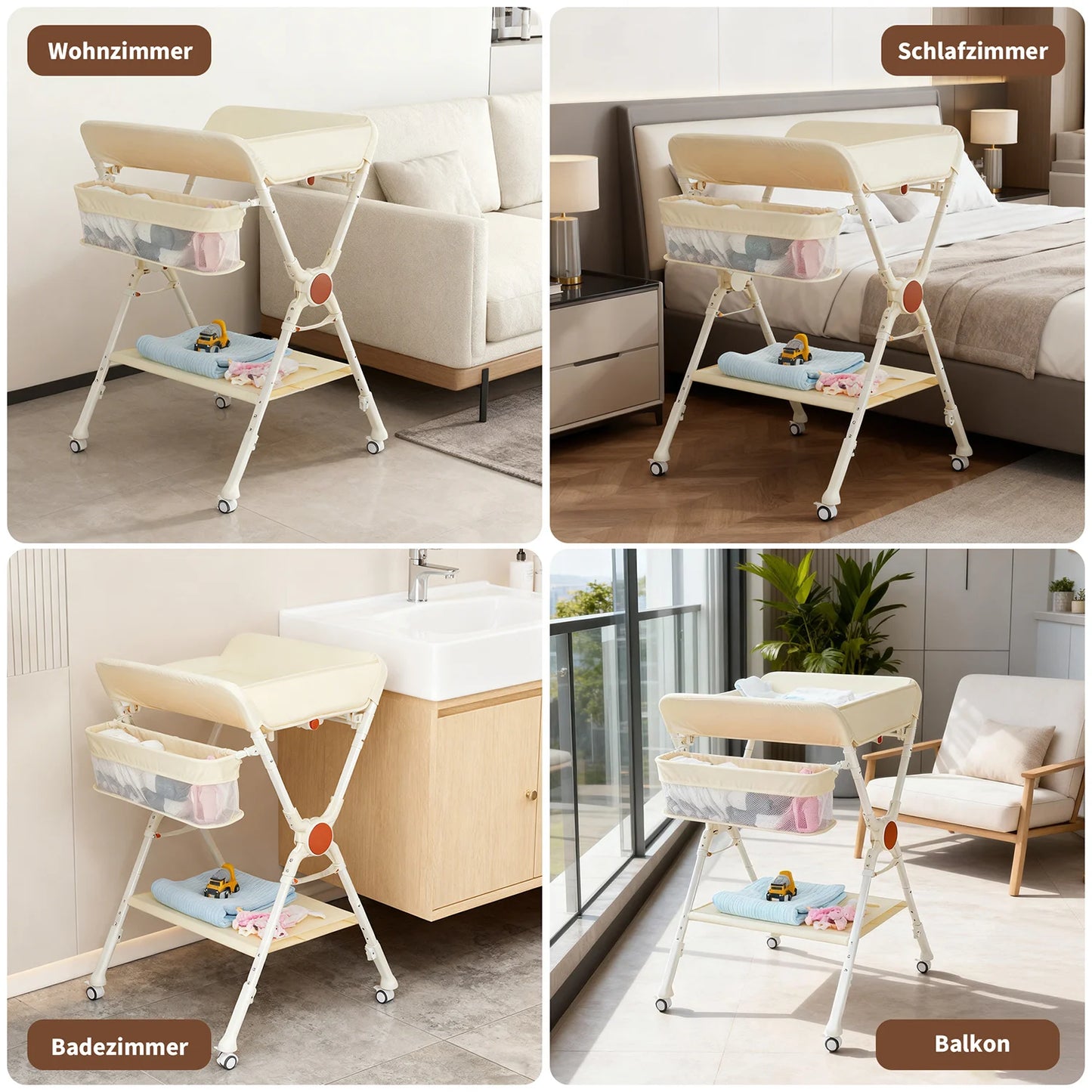 Himiss Folding Baby Changing Table Height Adjustable Metal & Fabric Large Storage Space Safety Belt Wheels for Newborns & Infants