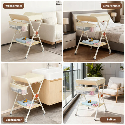 Himiss Folding Baby Changing Table Height Adjustable Metal & Fabric Large Storage Space Safety Belt Wheels for Newborns & Infants