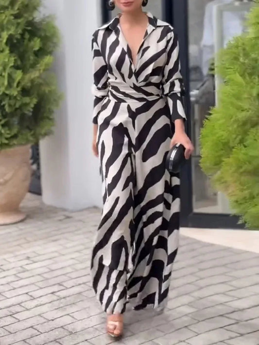 Women's Fashion Zebra Printed Wide Leg Lapel Jumpsuits Long Sleeves High Waisted Urban Trendy Office Party Jump Suits