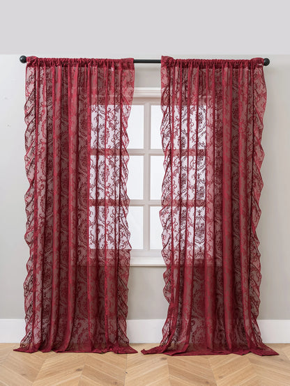 Vintage Burgundy Lace Sheer Curtains, Rod Pocket Ruffled Lace Window Curtains for Living Room Bedroom