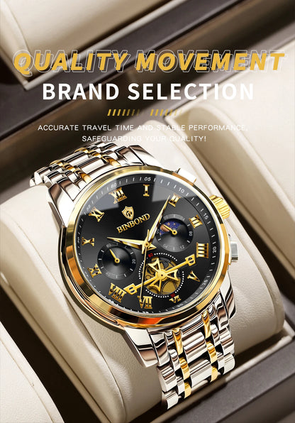 BINBOND Chronograph Men's Watches Accurate Quartz Watch For Men Luxury Luminous Waterproof StopWatch Durable Reloj