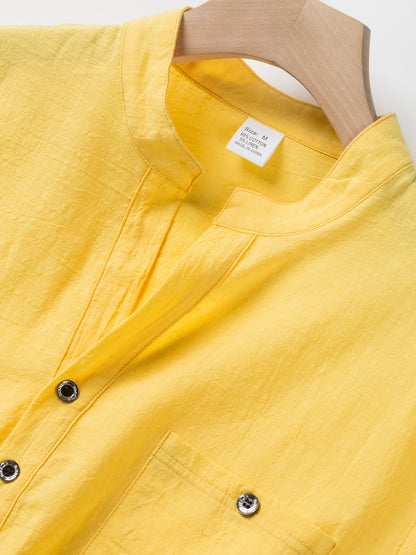 Men's Cotton Linen Short-Sleeve Shirt with Stand Collar & Half-Button Placket - Casual Outdoor Leisure Wear for Spring and Summe