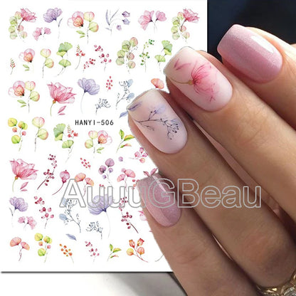 3d Nail Art Decals Watercolor Florals Purple Green Pink Flowers Leafs Fruit Adhesive Sliders Nail Stickers For Manicure