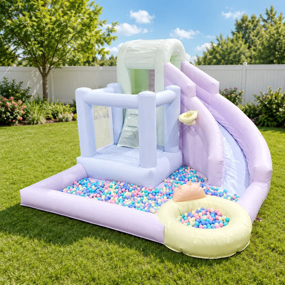 Pastel Macaron Inflatable Bouncer with Water Slide and Ball Pit PVC Wet Dry Bouncy Castle with Basketball Hoop for Kids Party