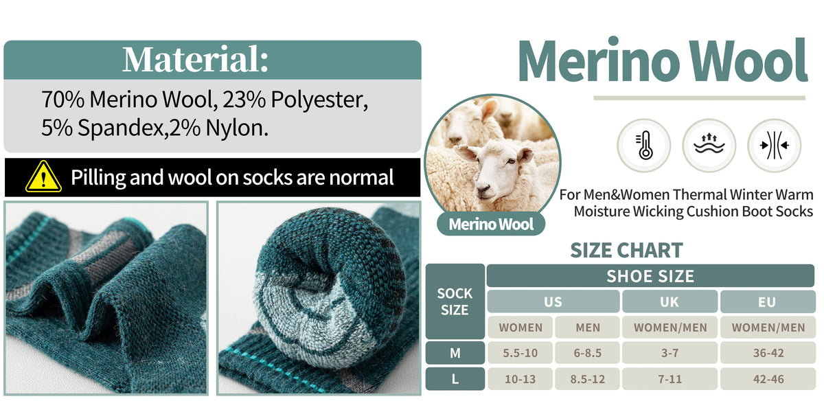 5 Pairs Merino Wool Hiking Reflective Socks Outdoor Night Men&Women Trail Running Cycling Trekking Moisture Wicking Cushion Crew Socks