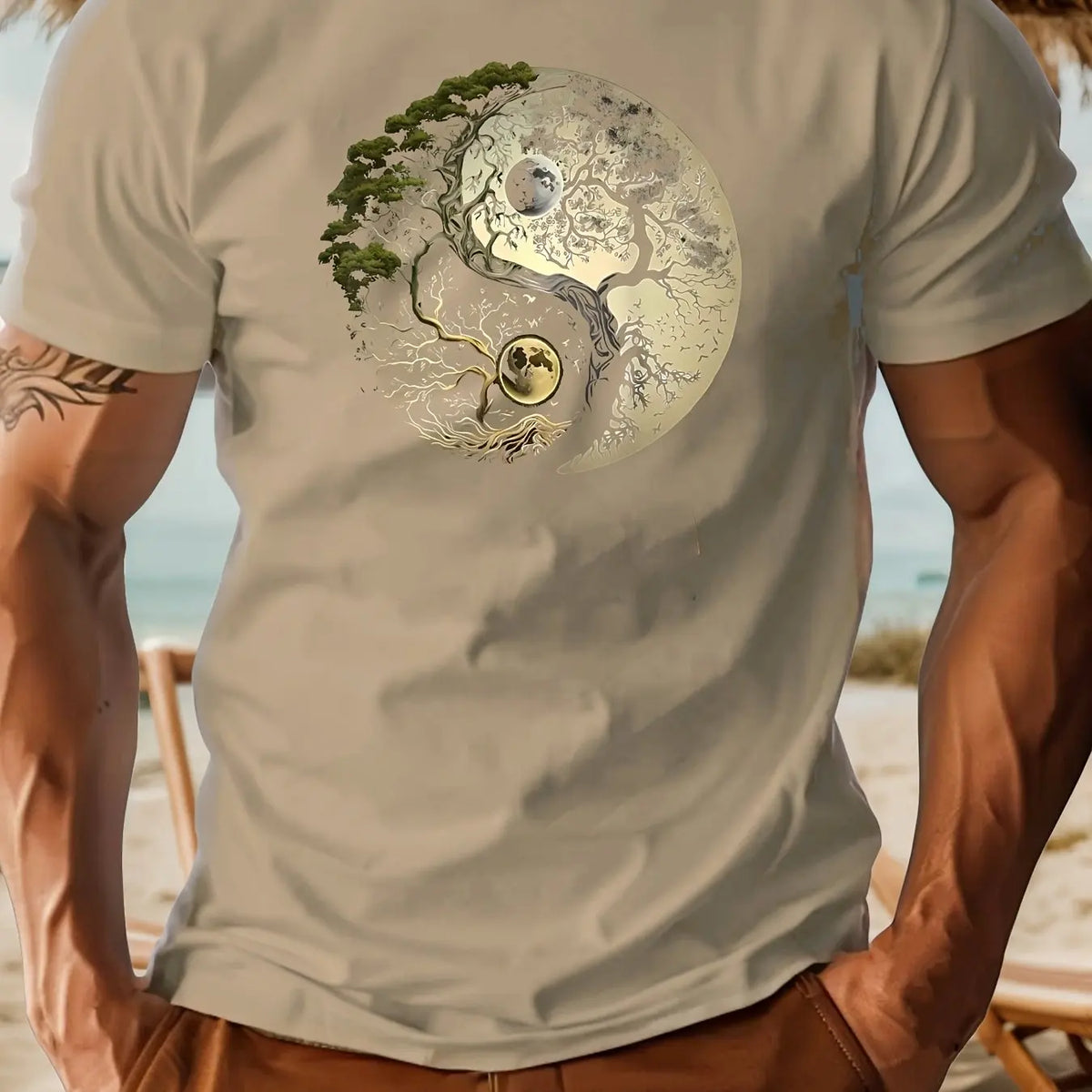 Men's Summer 100% Pure Cotton Casual Loose Sports T-Shirt Yin-Yang Tree Pattern Print round Neck Short-Sleeved Top