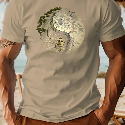 Men's Summer 100% Pure Cotton Casual Loose Sports T-Shirt Yin-Yang Tree Pattern Print round Neck Short-Sleeved Top
