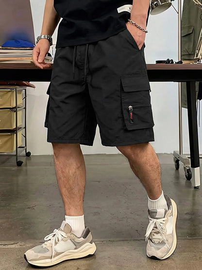 Men's Straight Cargo Shorts Lightweight Breathable Solid Color Drawstring Waist with Zipper Pockets Casual Summer Short Pants