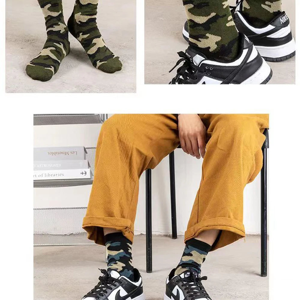 3/12 Pairs Men Camouflage Mid Tube Socks Fashionable Street Style Odor Proof Sweat Absorbing Breathable All Season Casual Socks
