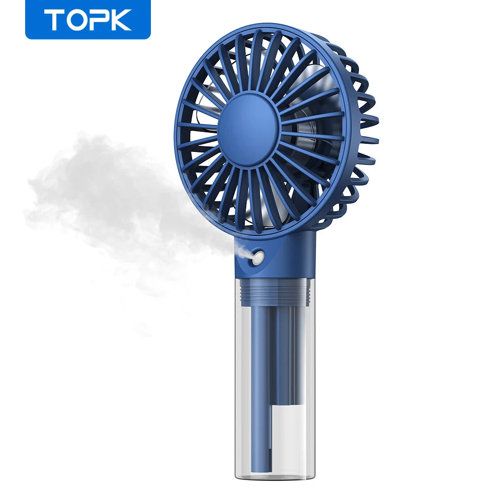 TOPK mini nešiojamas ventiliatorius su vandens dulksna, 2000 mAh talpos ir drėkinimo funkcija, skirtas vasaros asmeniniam elektriniam ventiliatoriui, USB ventiliatoriai kambariui
