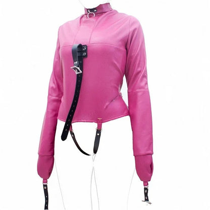 Leather SM Lingerie Straitjacket with Crotch Strap,Games Bondage Straight Jacket Harness,Slave Role Gimp Costumes BDSM Sextoys