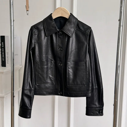 British Style Lapel Genuine Leather Jackets for Women Fashion Single-breasted Pockets Female Brown Casual Short Sheepskin Jacket