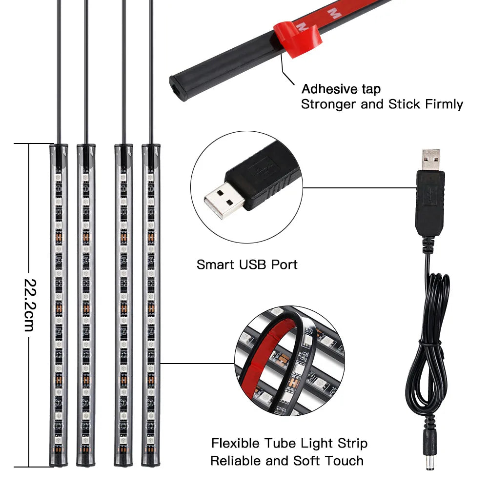 48 72 LED RGB Car Foot Light & Underglow Neon Lamp, Music Sync Interior Ambient Light with Remote Control, USB & 12V Dual Power Plug, Multi-Colour Atmosphere Decorative Lighting for Universal Auto Interior Exterior Decoration