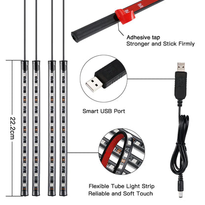 48 72 LED RGB Car Foot Light & Underglow Neon Lamp, Music Sync Interior Ambient Light with Remote Control, USB & 12V Dual Power Plug, Multi-Colour Atmosphere Decorative Lighting for Universal Auto Interior Exterior Decoration