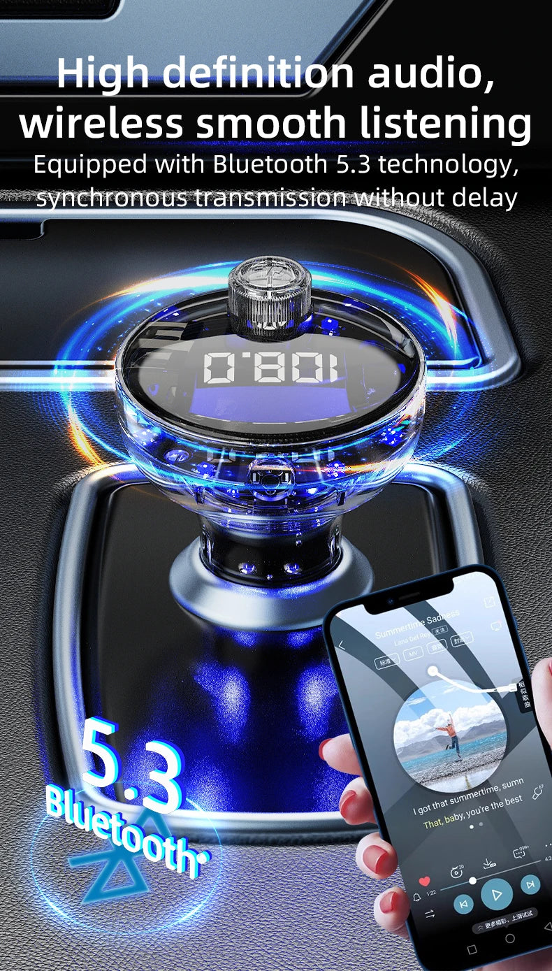 Transparent Car Bluetooth 5.4 FM Transmitter Handsfree Wireless Car Kit Colorful Light Car Charger Mp3 Player FM Modulator