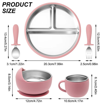 5PCS Stainless Steel Dishes Plate Baby Feeding Set With Detachable Silicone Sucker Bowl BPA Free Infant Fork Spoon Cup Gifts