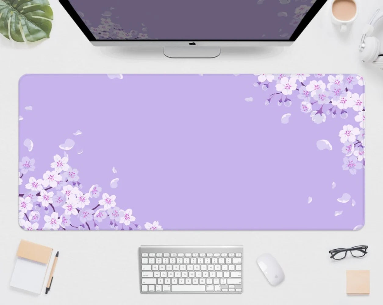 Purple Blossom Deskmat Cute, Mouse Pad Lilac Lavender Cherry Sakura Flowers, Japanese Desk Mat, Mousepad Kawaii Anime Aesthetics