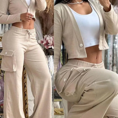 Autumn Fashionable And Elegant Solid Color Women's Suit Long-sleeved V-neck Short Coat Pocket Wide-leg Drawstring Trousers Suit