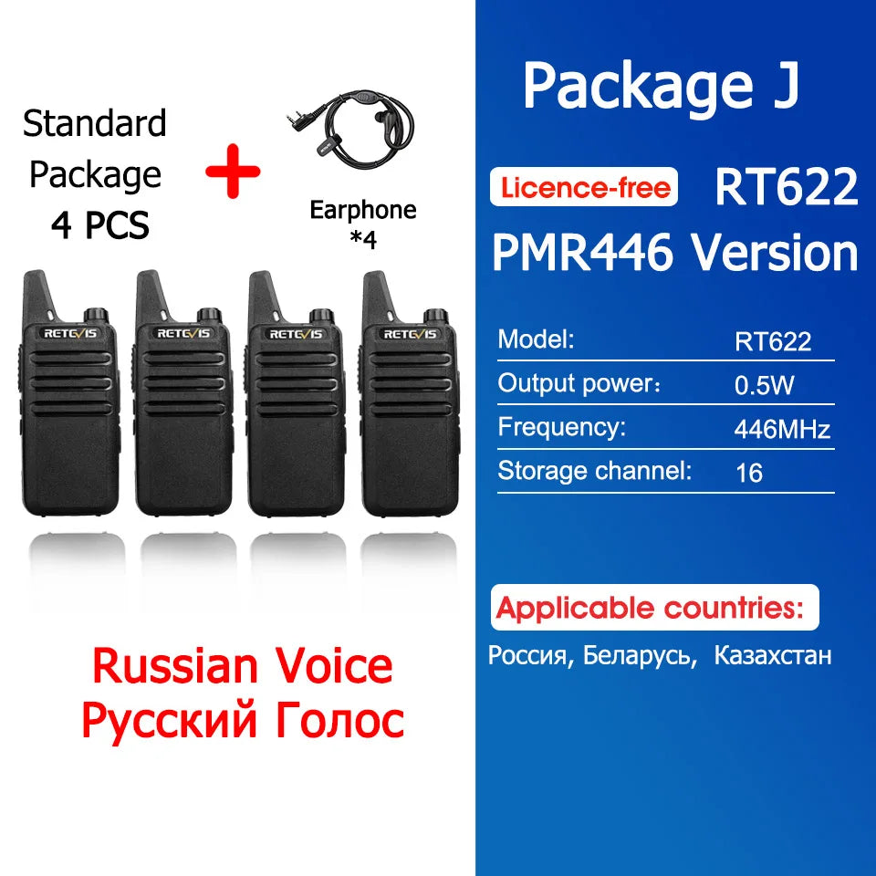 Retevis RT622 Mini Walkie Talkie 4 Pcs Walkie-talkies PMR446 FRS Portable Two Way Radio Communication Radio for Restaurant Hotel