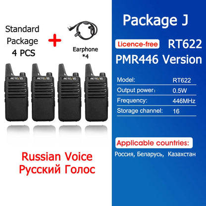 Retevis RT622 Mini Walkie Talkie 4 Pcs Walkie-talkies PMR446 FRS Portable Two Way Radio Communication Radio for Restaurant Hotel