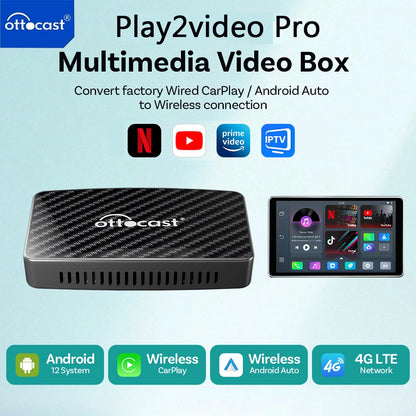 OTTOCAST Play2Video Pro Ai Box Pro Built in YouTube Netflix IPTV Video Box Wired to Wireless CarPlay Android Auto Adapter