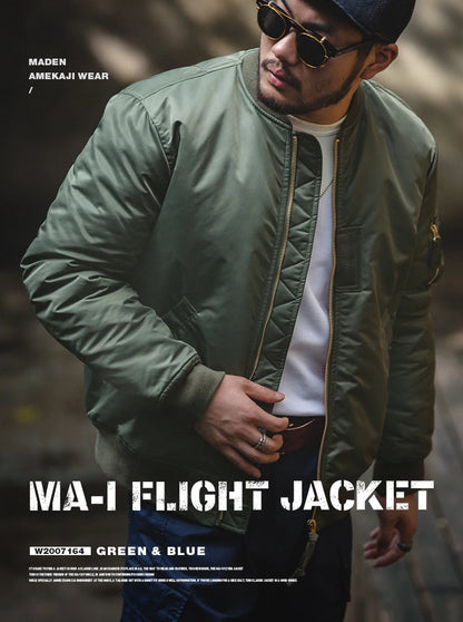 Maden Vintage MA1 Pilot Jacket Green Thickened Cotton-padded Jacket Casual Baseball Pockets Flight Zipper Outwear for Men's Fall