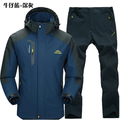 Outdoor Jacket Pants Sets Men Fleece Thermal Waterproof Windproof Hooded Jackets Hiking Military Trip Mountain Camping Clothes