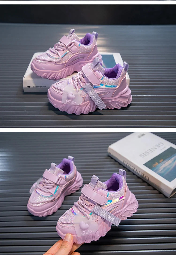 Girls Sports Shoes Kids Running Sneakers for School Fashion Cute Shiny Non-slip Children's Casual Shoes with Heart Spring Autumn