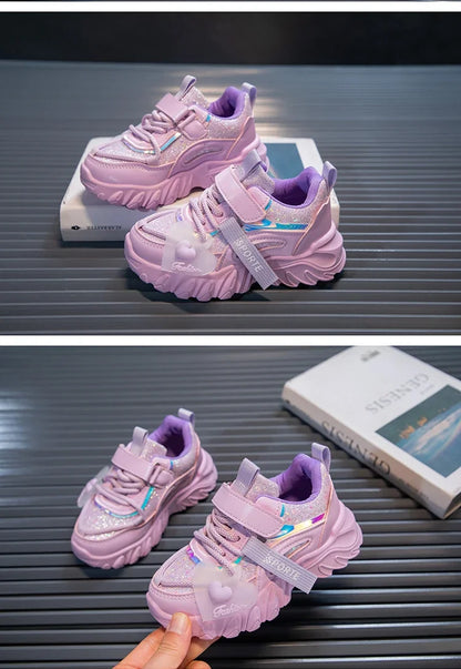 Girls Sports Shoes Kids Running Sneakers for School Fashion Cute Shiny Non-slip Children's Casual Shoes with Heart Spring Autumn