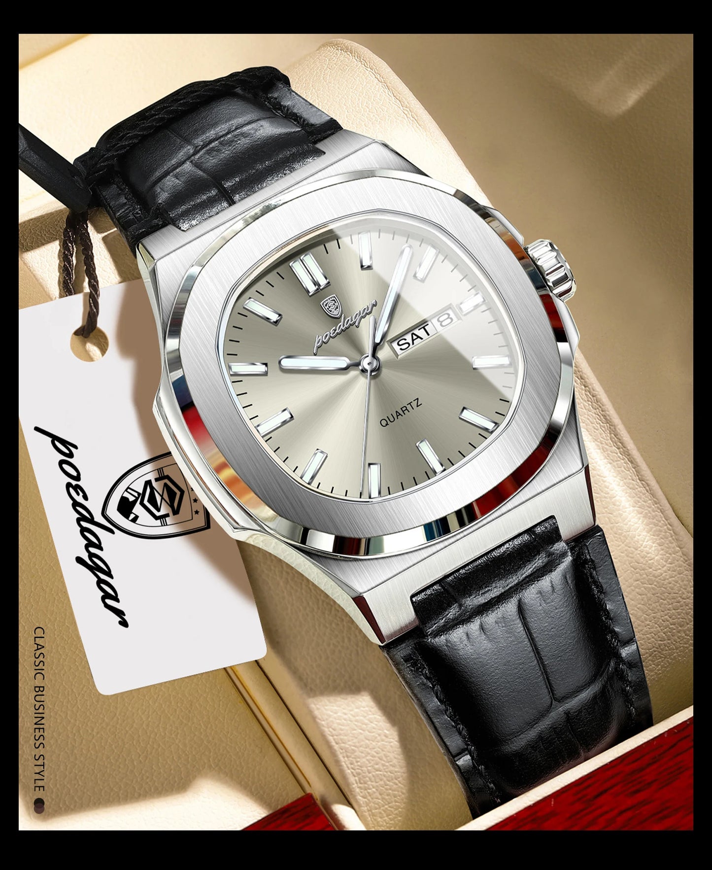POEDAGAR Top Fashion Men's Quartz Watches Luxury Luminous Waterproof Man Clock Week Date Leather Business Men Watch Reloj Hombre