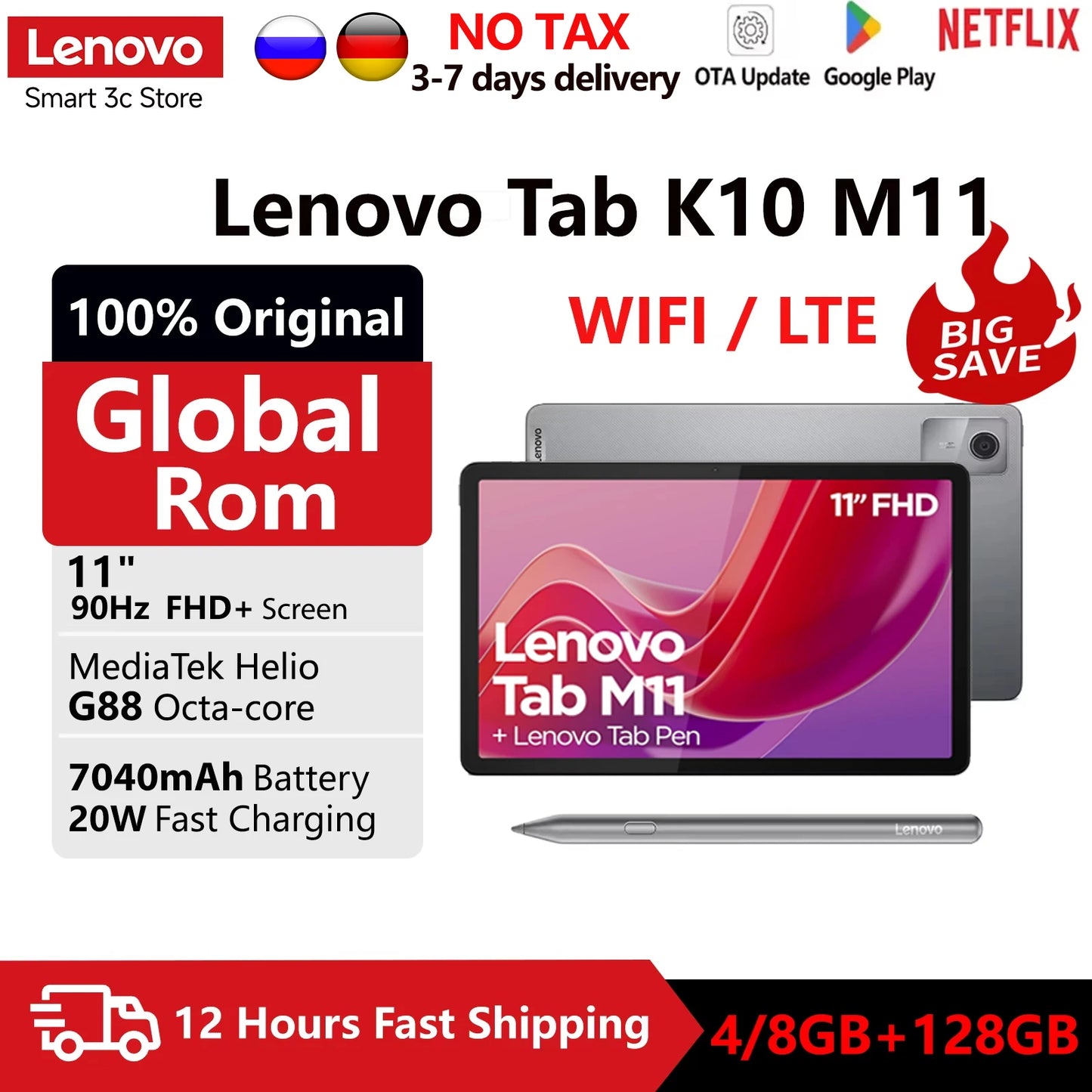 Global ROM Lenovo Tab M11 K10 11” 90Hz Display Android 13 L1 MediaTek Helio G88 8GB/128GB 7040mAh Battery 4G LTE Tablet 2025