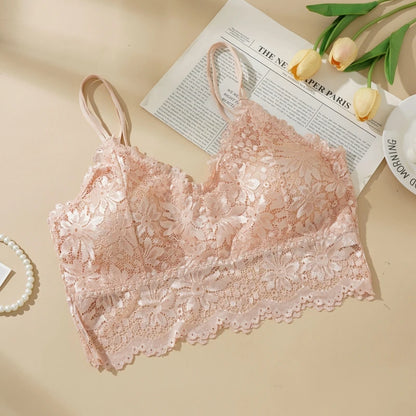 Lace Flower Suspender Top for Women Sexy Hollow Skin-friendly Solid Color Removable Pad Wireless Bra