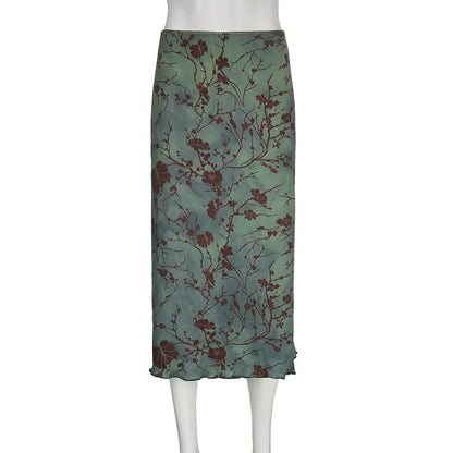 Harajuku Floral Print Long Skirt Vintage Low Rise Straight Midi Skirts for Women Autumn Basic All-match Skirts Ladies Y2k