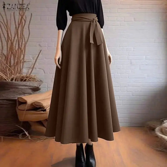 ZANZEA Elegant Maxi Skirts 2026 Women Elastic Waist Jupes Casual Faldas Saia Belted High Waist Fashion Solid Street Overskirts