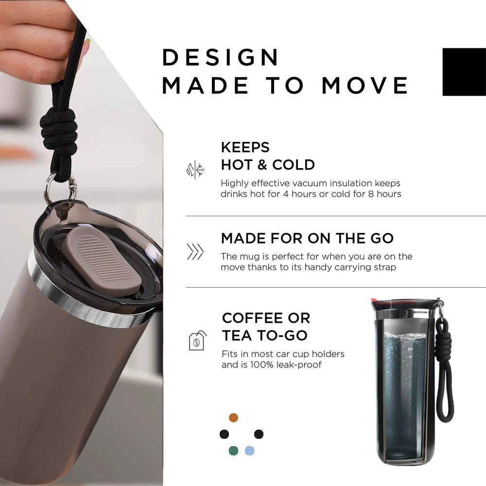 Vacuum Insulated Coffee Travle Mug Stainless Steel Thermo Bottle Cup Thermal Tumbler With Carrying Ring Flask for Hot Cold Drink