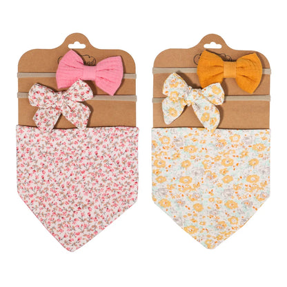 3Pcs/Set Muslin Cotton Print Bib Newborn Bows Headband Triangle Saliva Towel Infant Boy Girl Feeding Burp Baby Hair Accessories