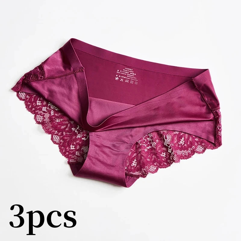 3pcs Lace Women's Panties French Seamless Underwear Female Ice Silk Briefs Solid Color Breathable Underpants Lingerie