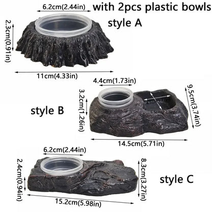 Imitation Stone Resin Rock Feeder Dish Wear Resistant Anti-knock Pet Feeder Ledge with Bowls Wide Mouth Reptile Food Bowl