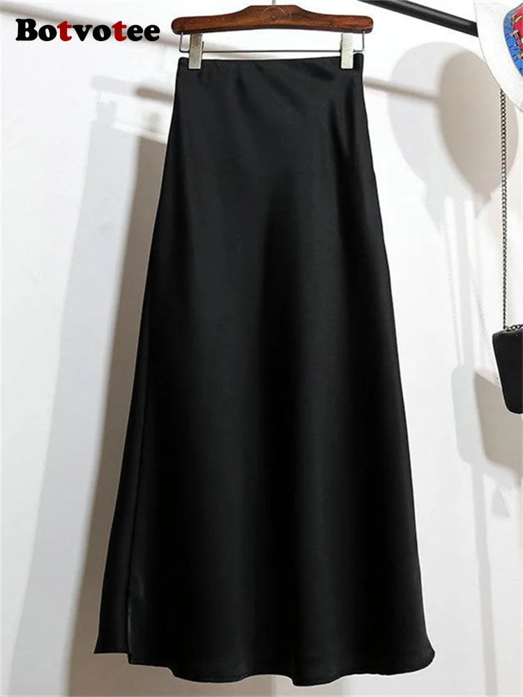 Botvotee Elegant Satin Long Skirt for Women Spring Summer 2025 Office Ladies Korean Style Loose Elastic Band Midi Skirts
