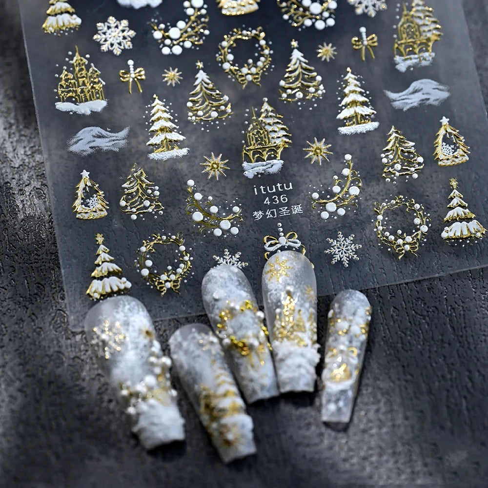 5D Embossed Gold Castle/Garland/Christmas Tree Nail Stickers White Snowflakes Bow Star Nail Decals Self-Adhesive Xmas Nail Decor