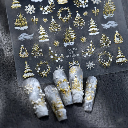5D Embossed Gold Castle/Garland/Christmas Tree Nail Stickers White Snowflakes Bow Star Nail Decals Self-Adhesive Xmas Nail Decor