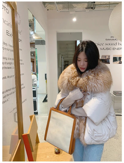 Oversized Winter Warm Real Fox Fur Collar Black Down Coat Women Puffer Outerwear Jackets 2024 Autumn Winter