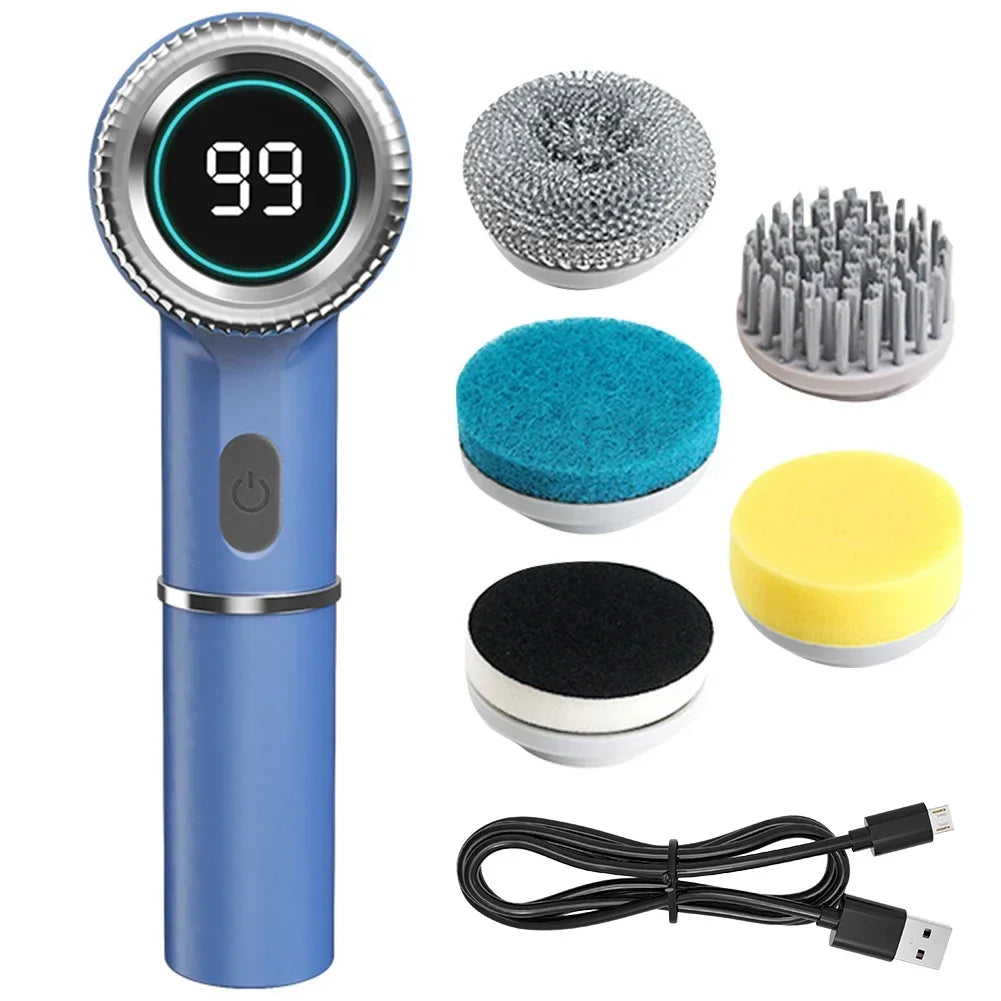 2026 Electric Cleaning Brush LED Display With 5 Replaceable Brush Heads 3-speed Adjustable Cleaning Tool For Kitchen Bathroom